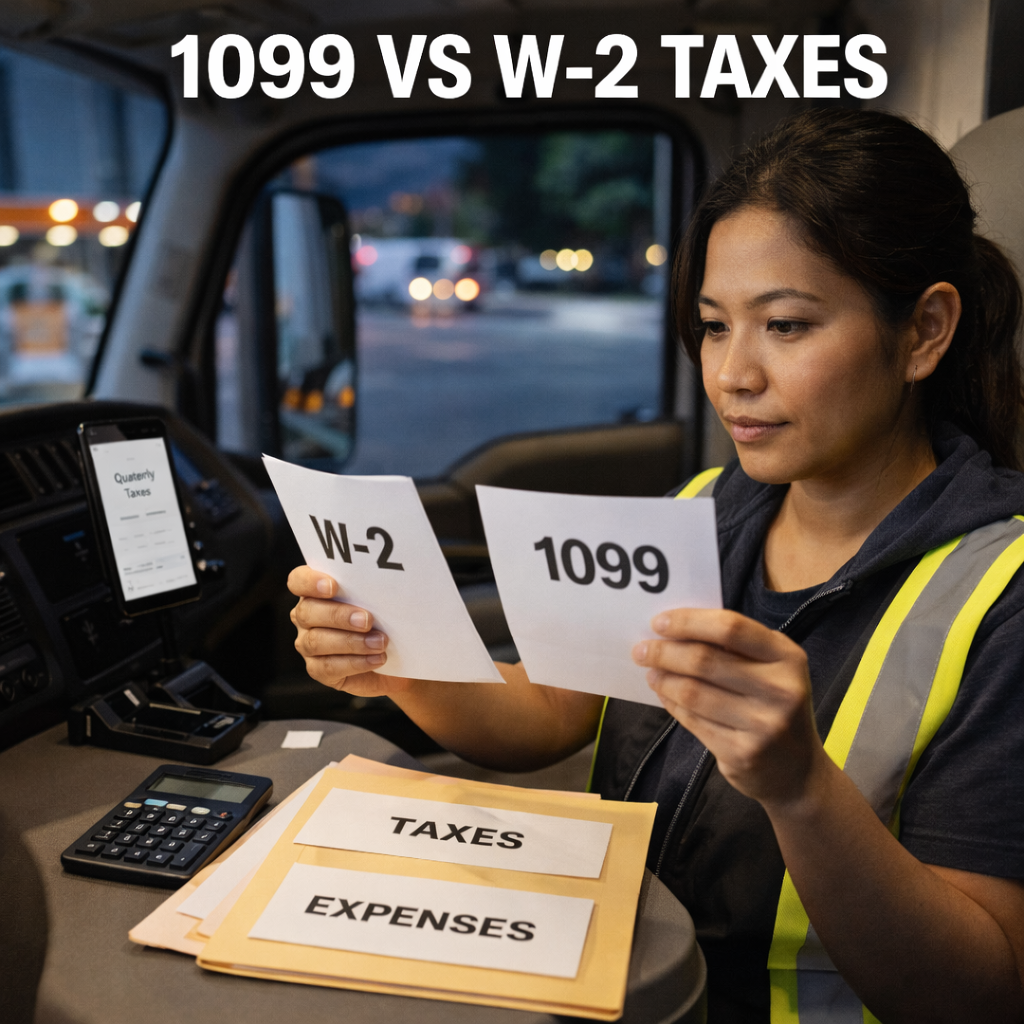 Asian female truck driver comparing 1099 and W-2 tax documents inside a semi truck cab