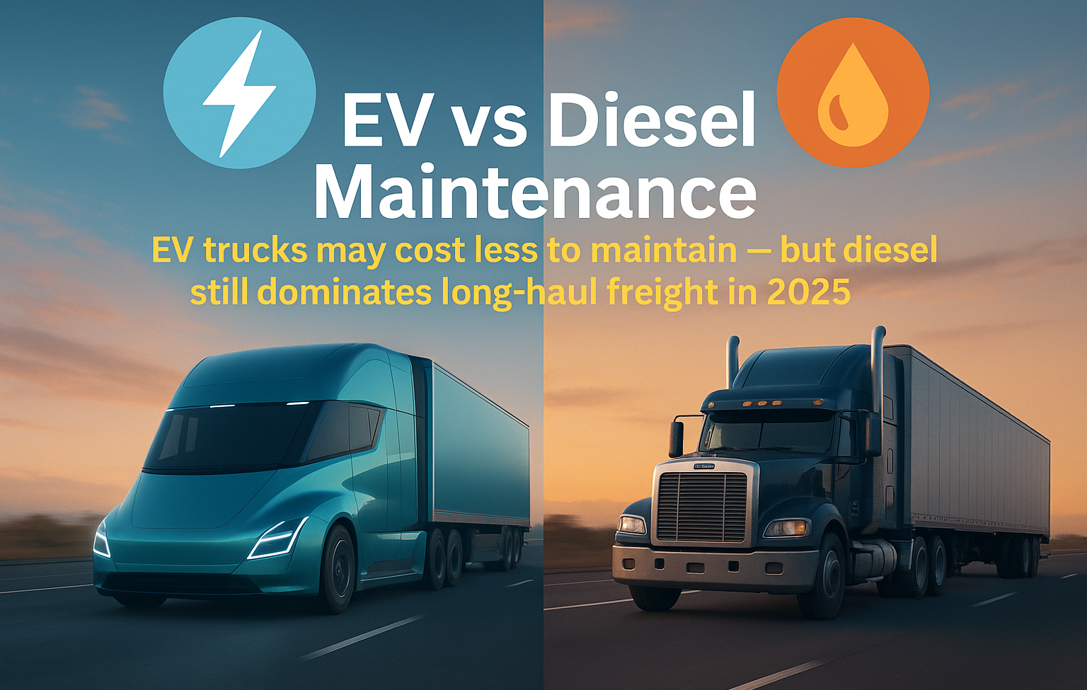 Futuristic electric semi-truck beside classic diesel rig, highlighting maintenance cost comparison for 2025