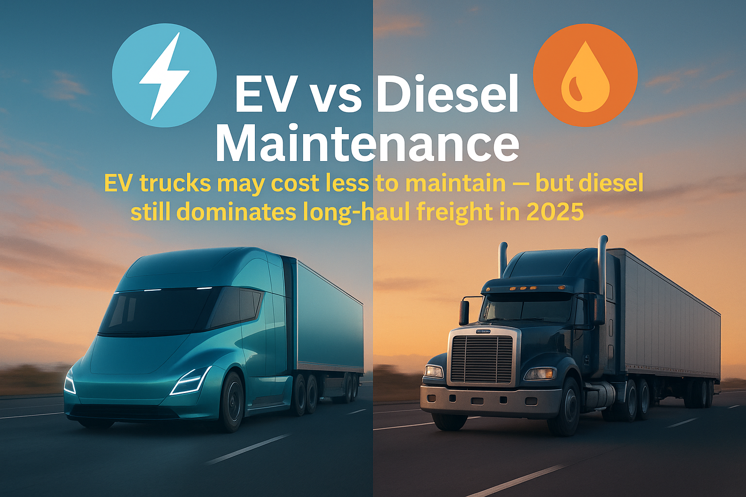 Futuristic electric semi-truck beside classic diesel rig, highlighting maintenance cost comparison for 2025