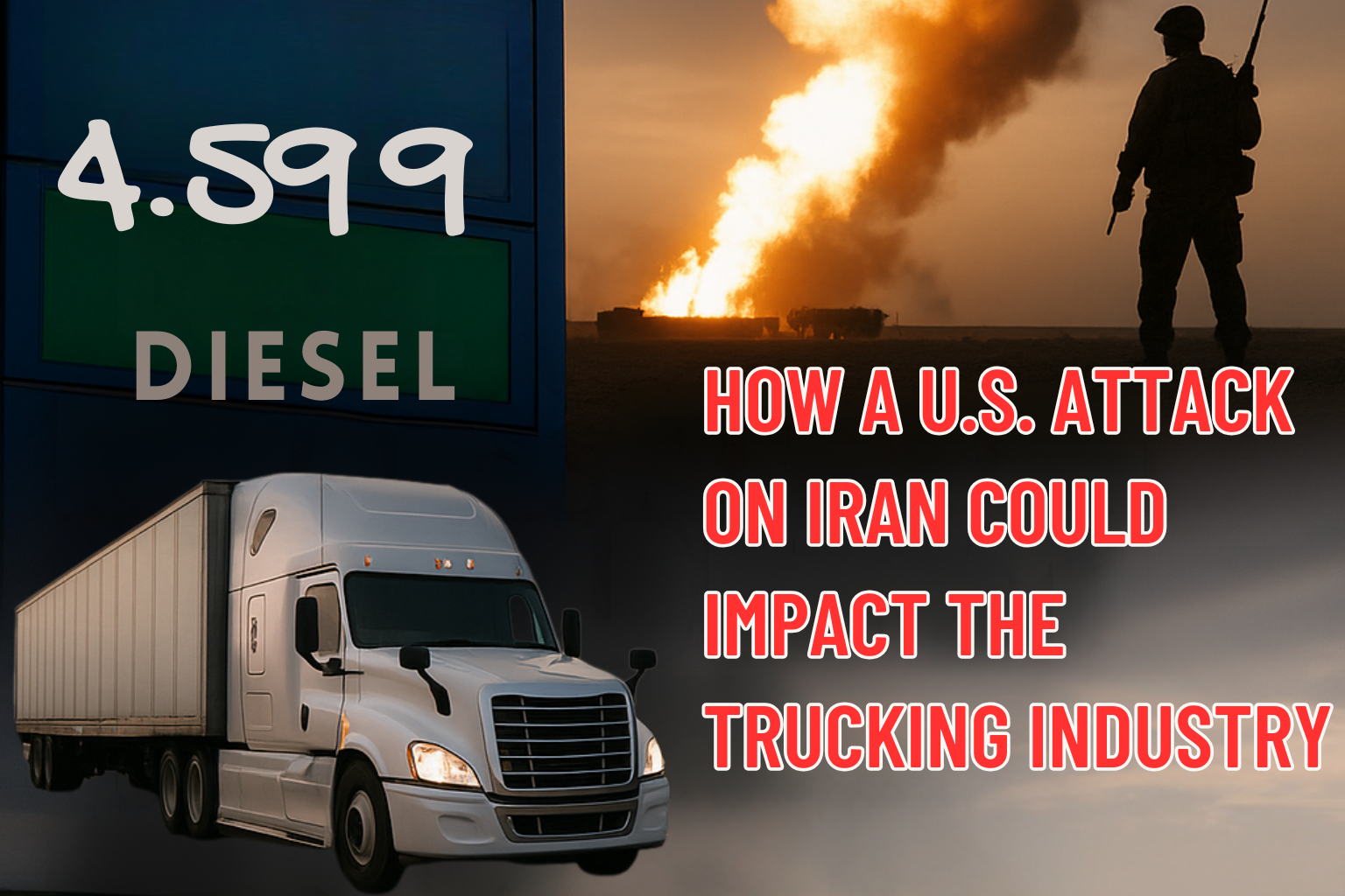 Diesel fuel price sign, military explosion, and semi truck illustrating impact of U.S. Iran conflict on trucking industry
