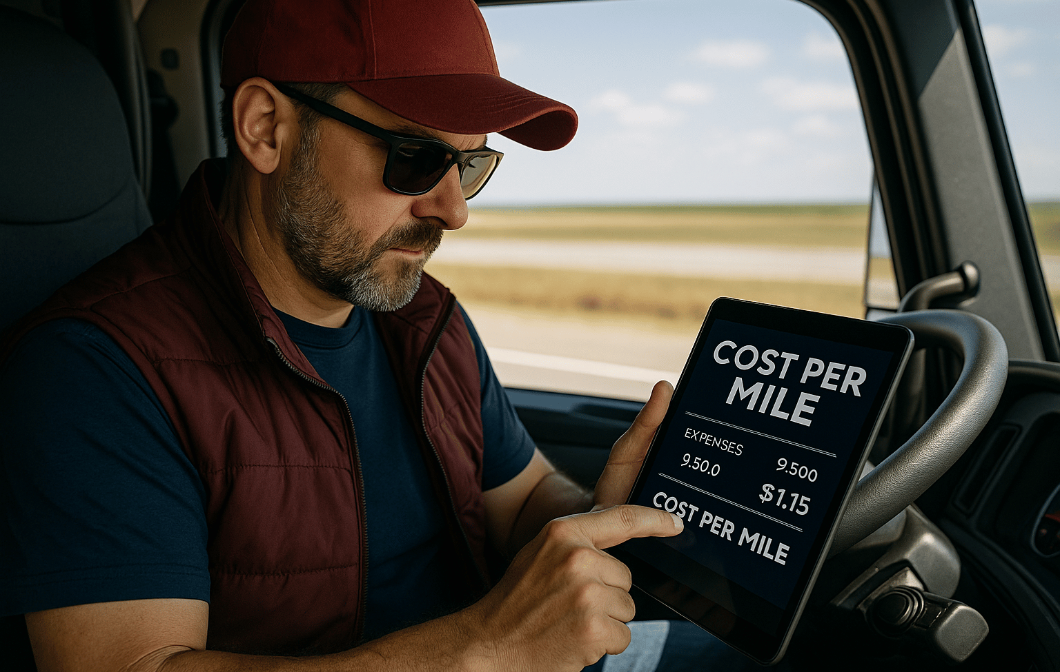 Owner operator truck driver calculating cost per mile using tablet inside cab.