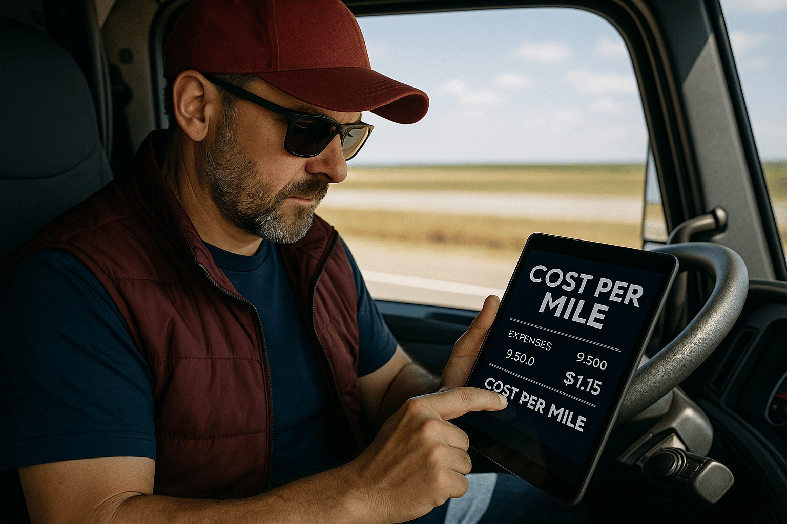 Owner operator truck driver calculating cost per mile using tablet inside cab.