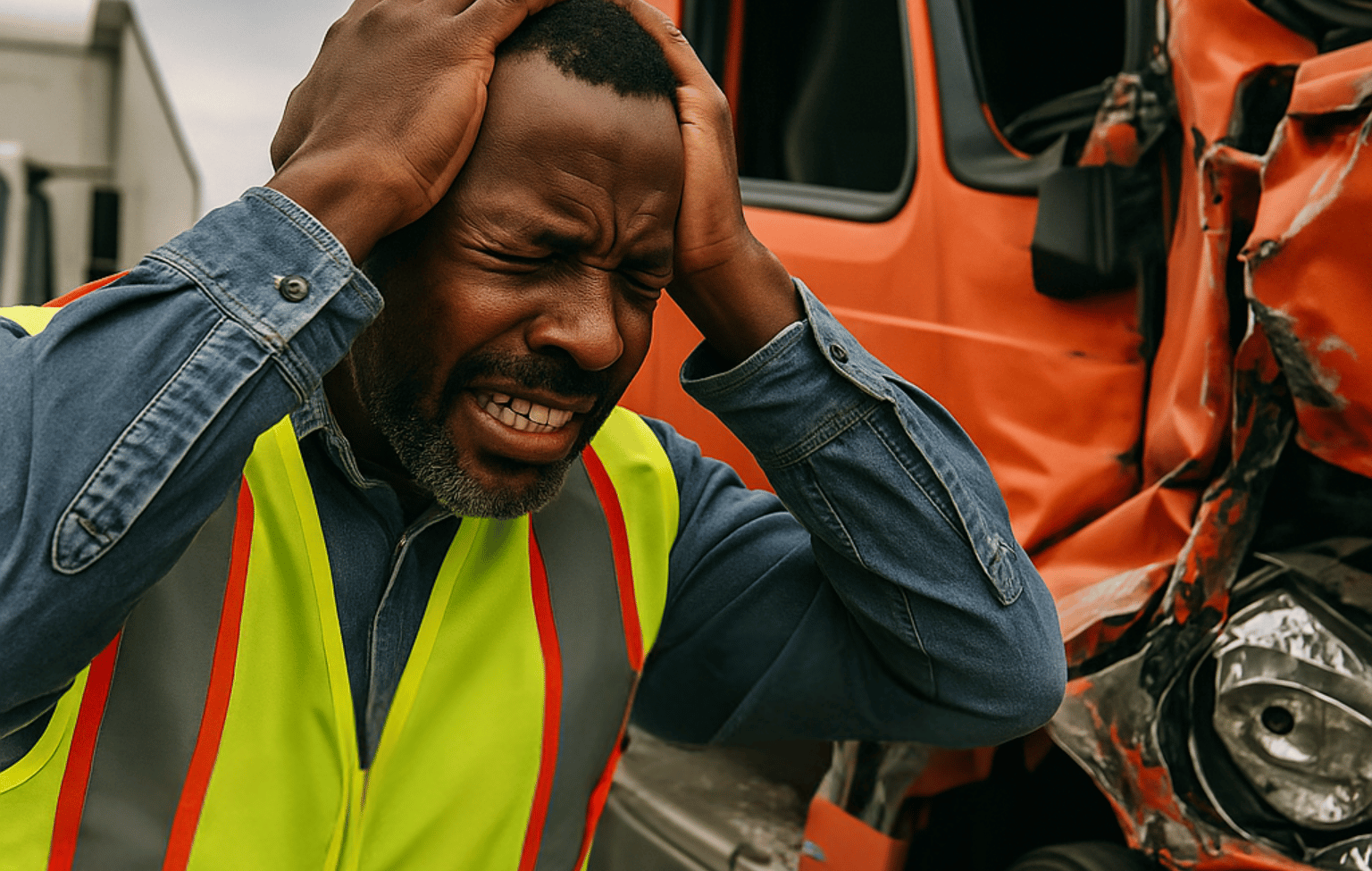 Stressed African American truck driver standing beside wrecked semi-truck after highway accident