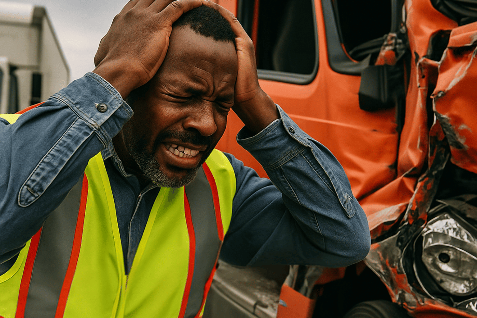 Stressed African American truck driver standing beside wrecked semi-truck after highway accident