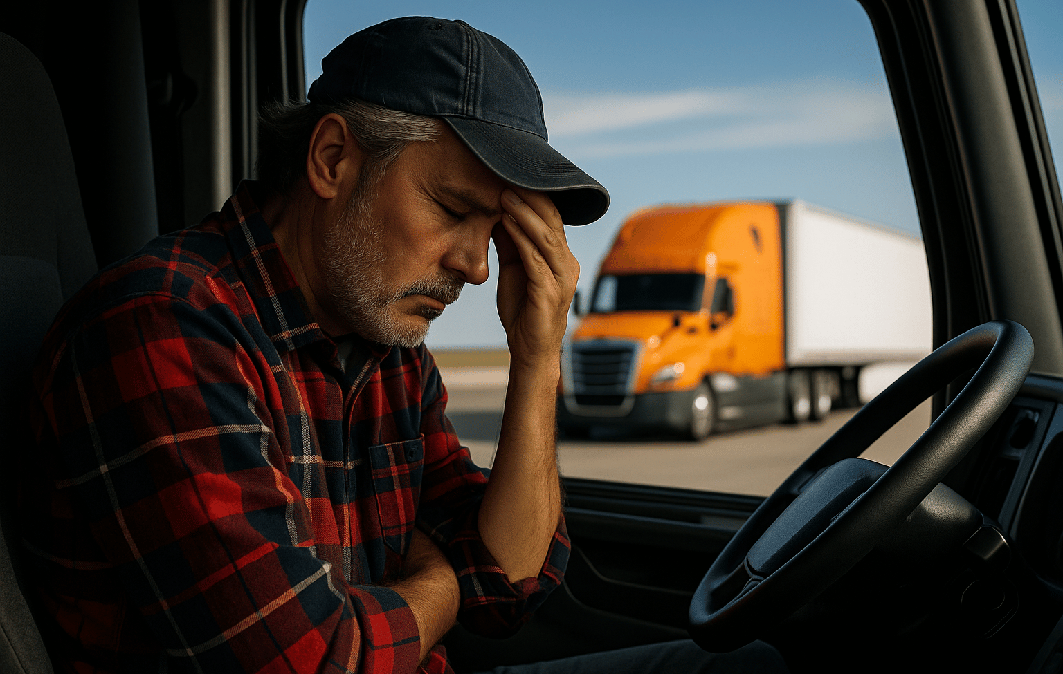 Owner operator looking stressed while reviewing trucking expenses on a clipboard beside his semi truck.