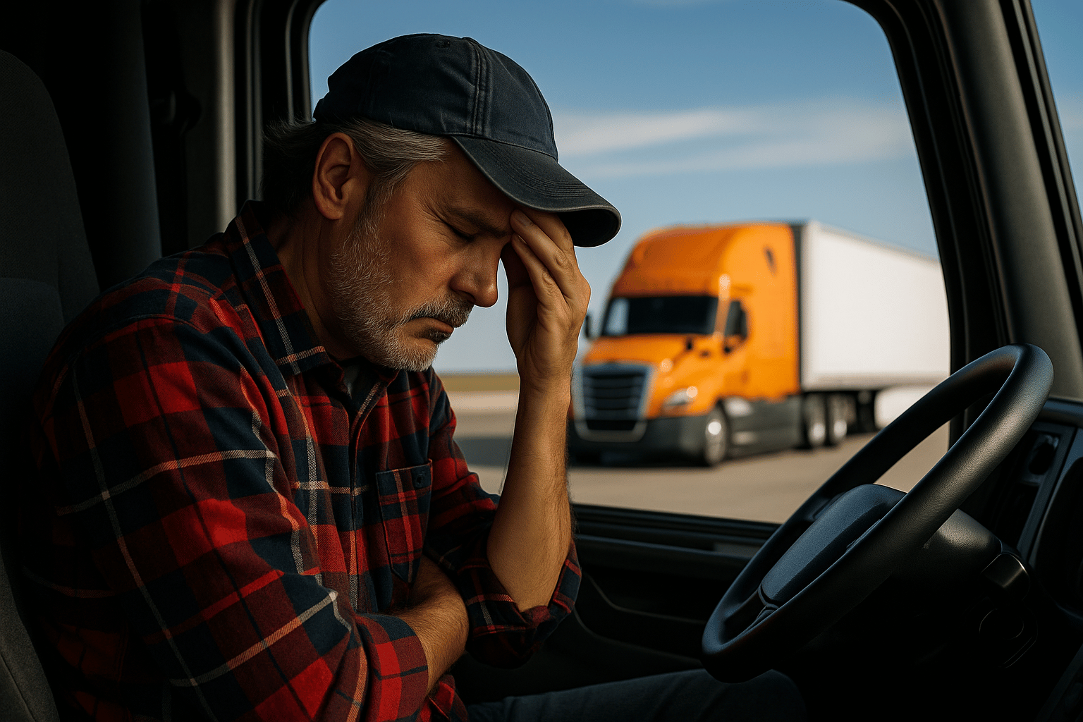 Owner operator looking stressed while reviewing trucking expenses on a clipboard beside his semi truck.