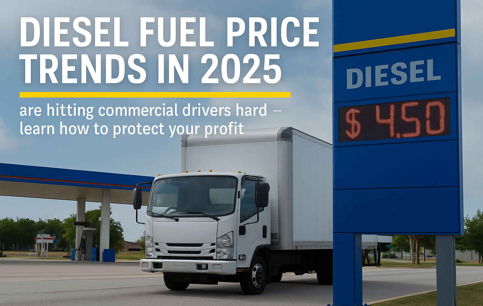 Modern white box truck pulling into truck stop near diesel price sign showing $4.50 per gallon in 2025