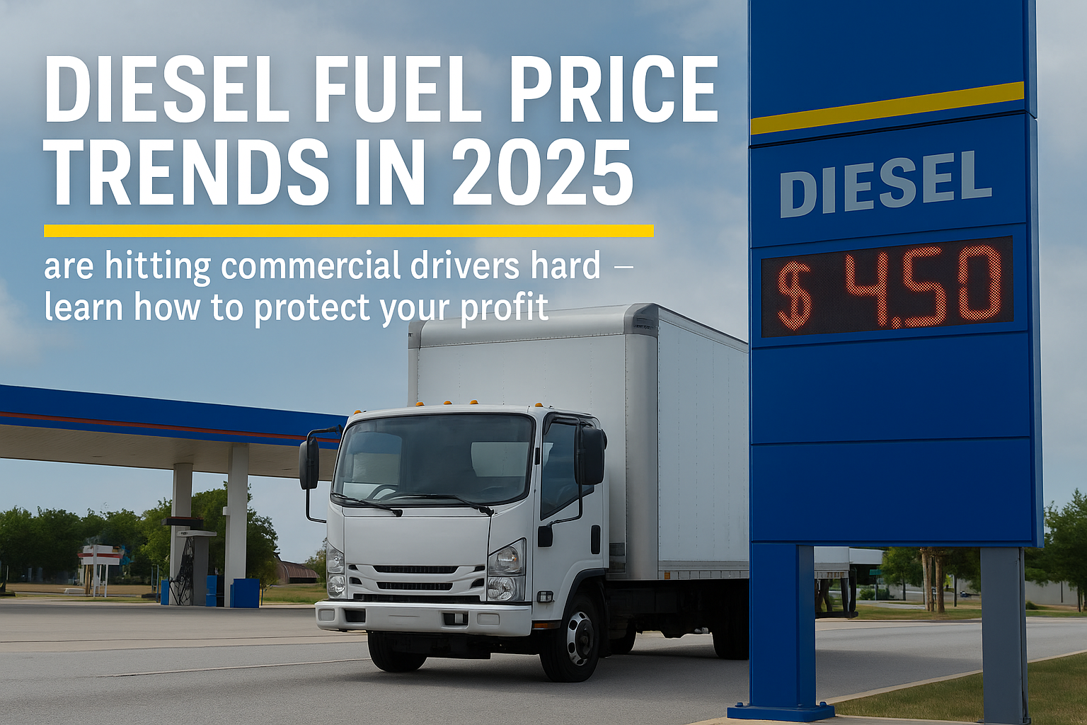 Modern white box truck pulling into truck stop near diesel price sign showing $4.50 per gallon in 2025