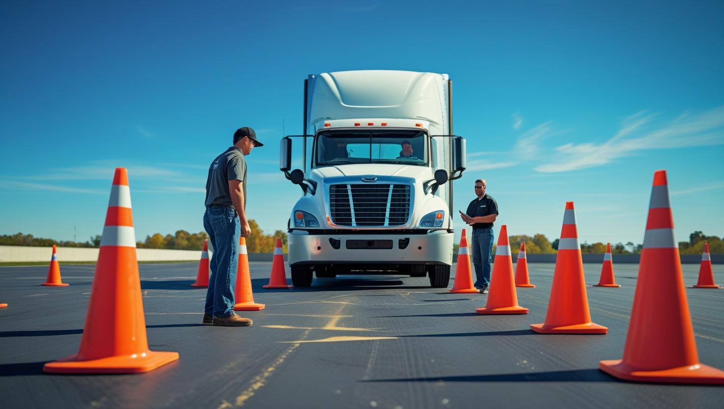 Student truck driver practicing straight-line backing between traffic cones during CDL training on a sunny day, while instructor observes.