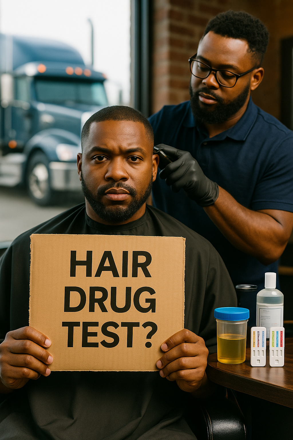 Truck driver holding DOT hair drug test sign outside barber shop