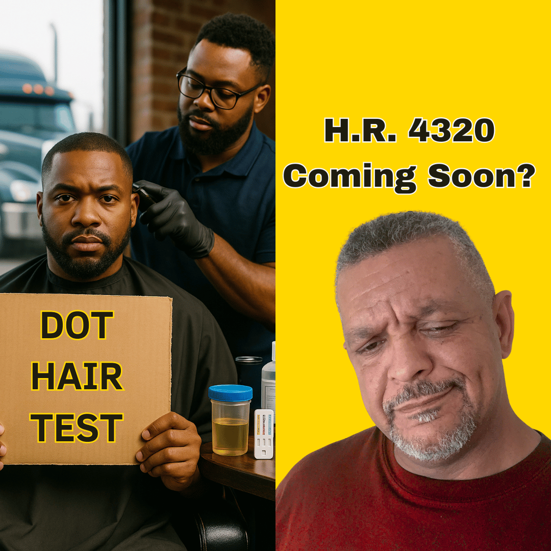A serious truck driver holding a DOT Hair Test sign while a collector prepares to take a sample, with a surprised reaction from another man on a bright yellow background