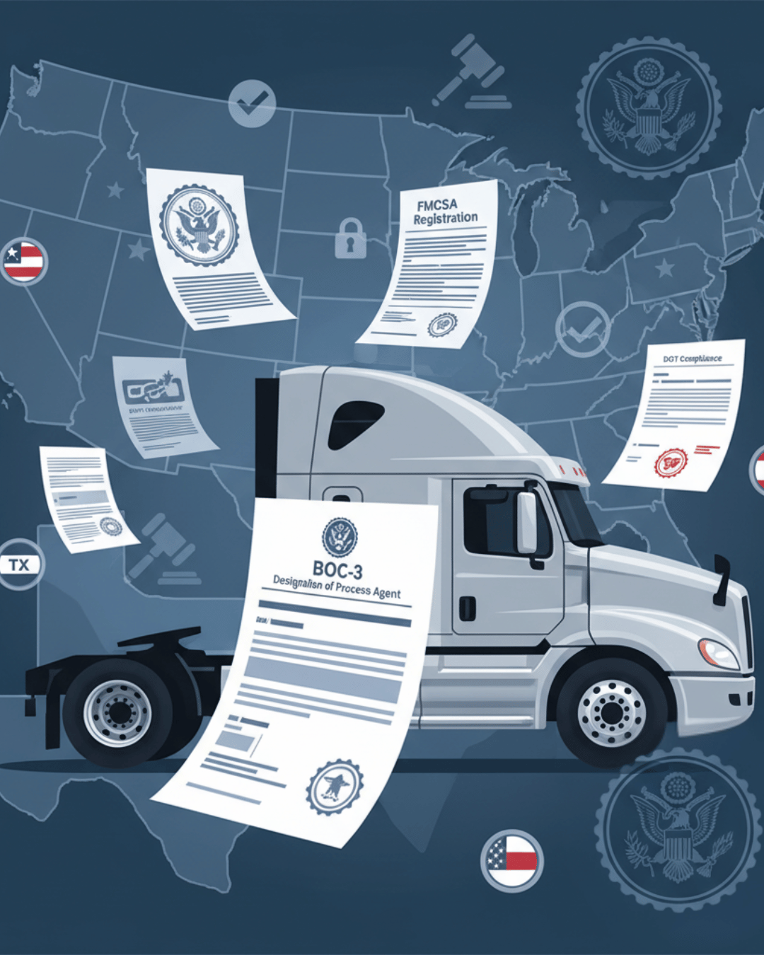 Semi-truck with BOC-3 process agent designation forms and compliance documents floating around US map showing multi-state trucking authority requirements