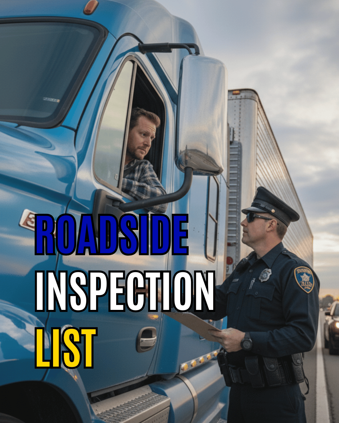 DOT officer checking truck driver during roadside inspection with required document checklist