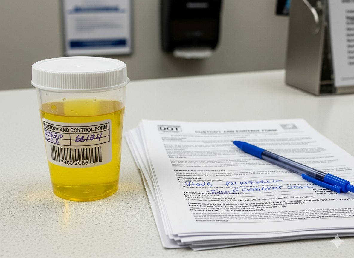 DOT drug test urine sample cup with custody and control form and pen on a counter, representing the consequences of failing a DOT drug test.