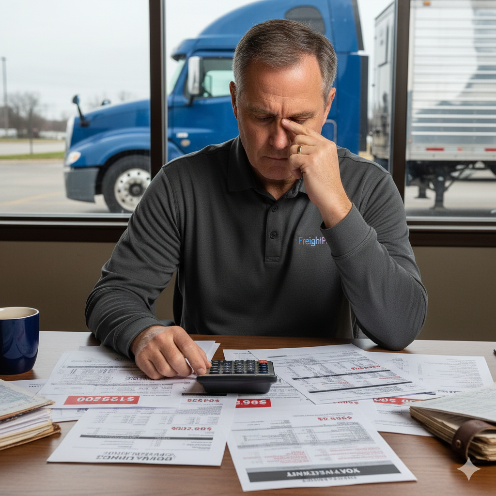 Small trucking company owner stressed over DOT fines and paperwork with a semi-truck in the background.
