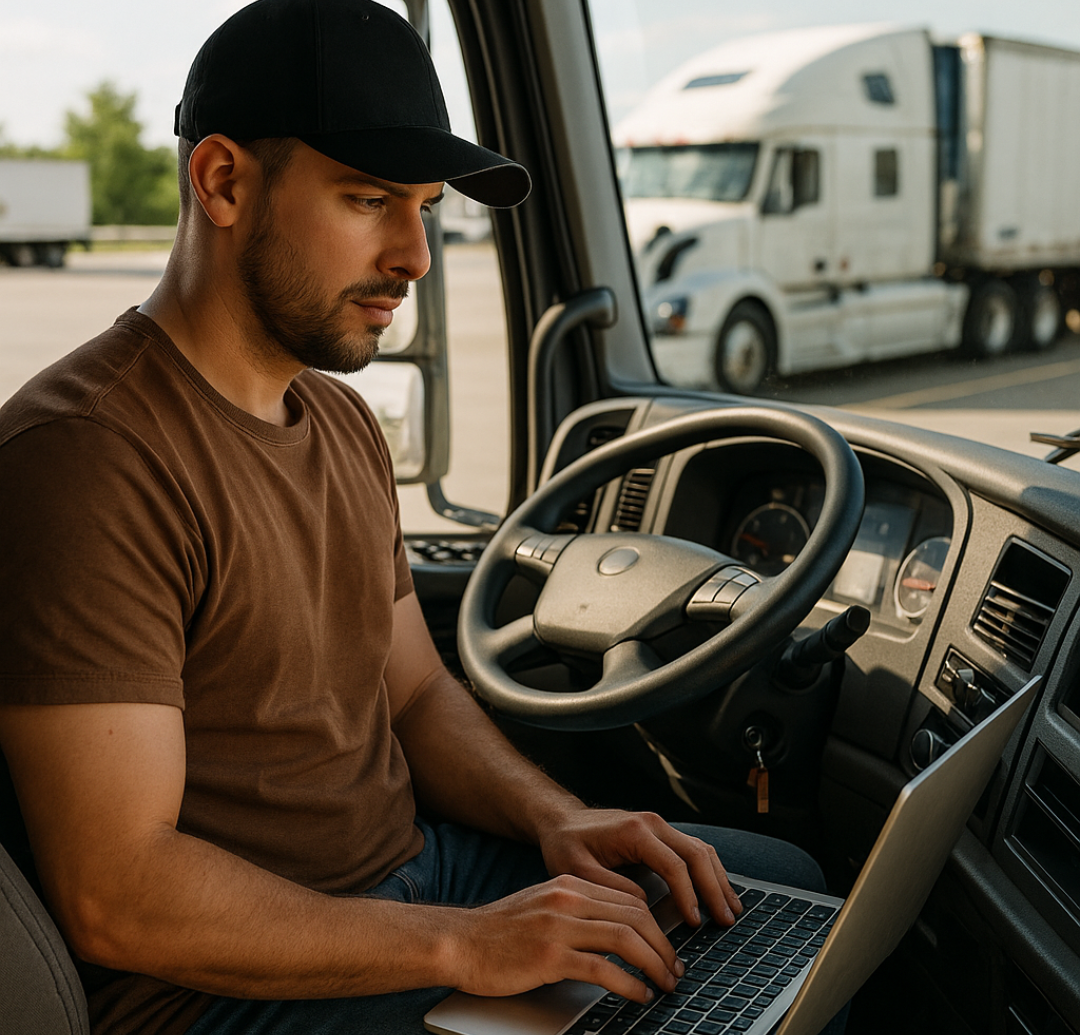 Modern truck driver using laptop in truck cab reviewing freight rates and planning money moves during a slow freight week.