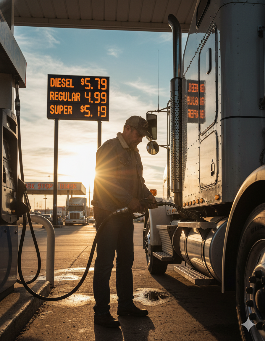 Truck driver fueling a semi at diesel pump, focused on saving fuel and reducing operating costs.