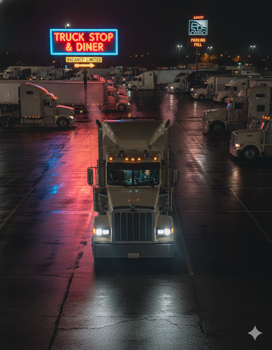 Truck driver searching for safe overnight parking spot under highway lights with limited spaces and HOS clock running.