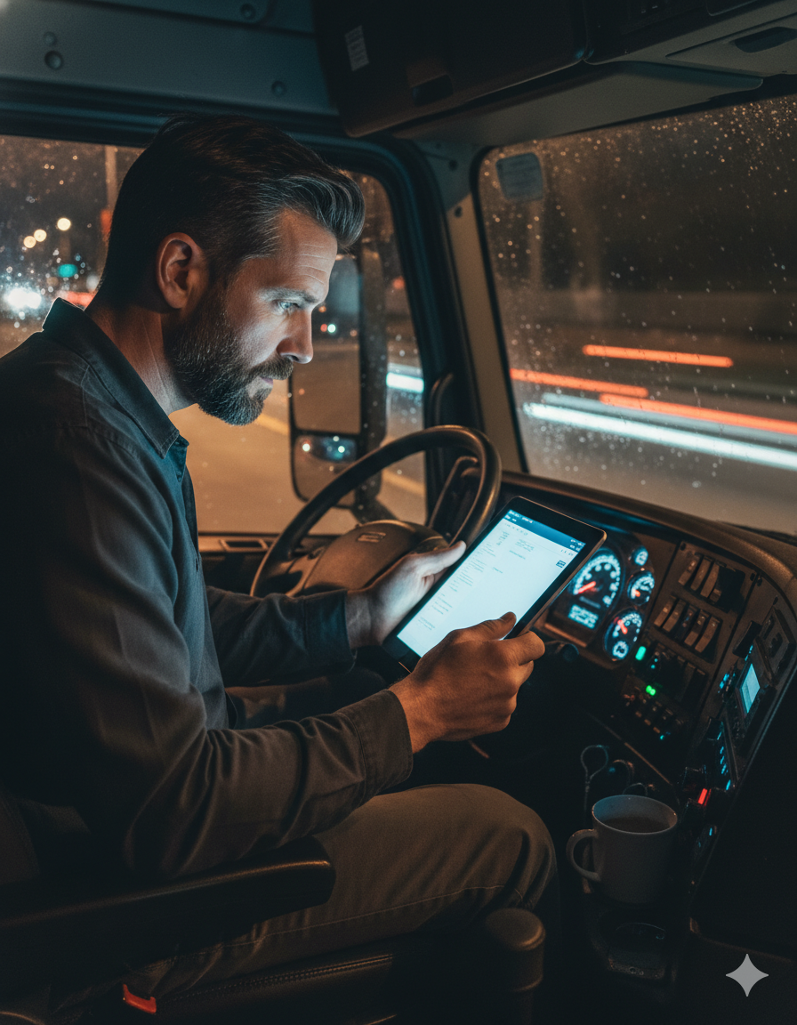 Truck driver reviewing electronic logbook on tablet inside cab at night — focusing on DOT compliance and avoiding logbook mistakes.
