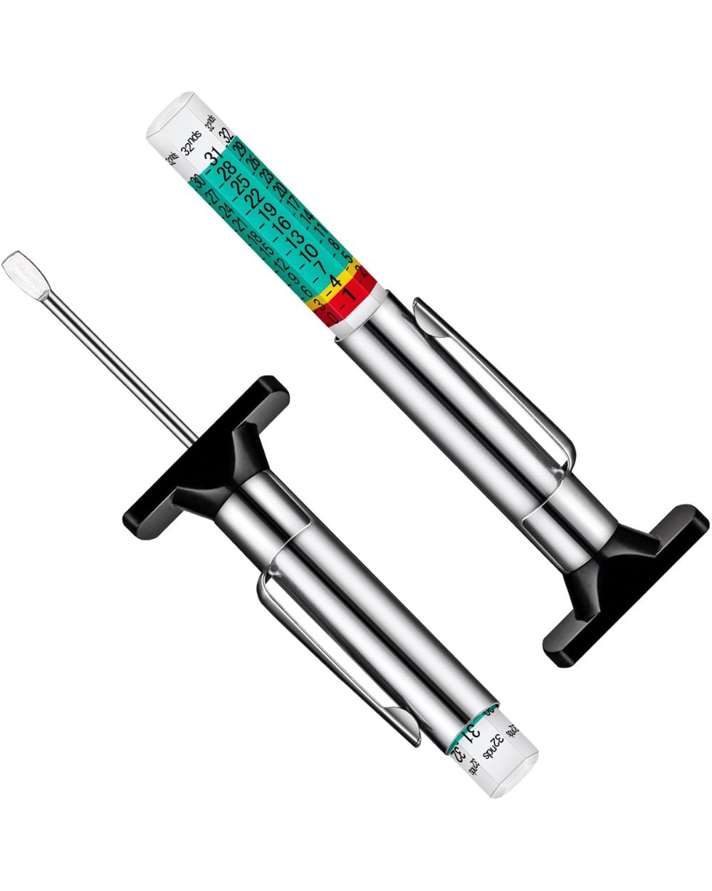 Tire tread depth gauge for DOT tire compliance checks
