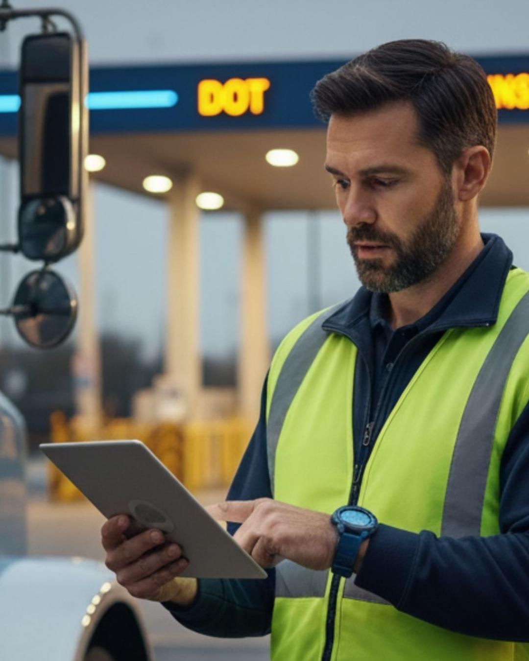 Truck driver reviewing paperwork and preparing for an FMCSA audit