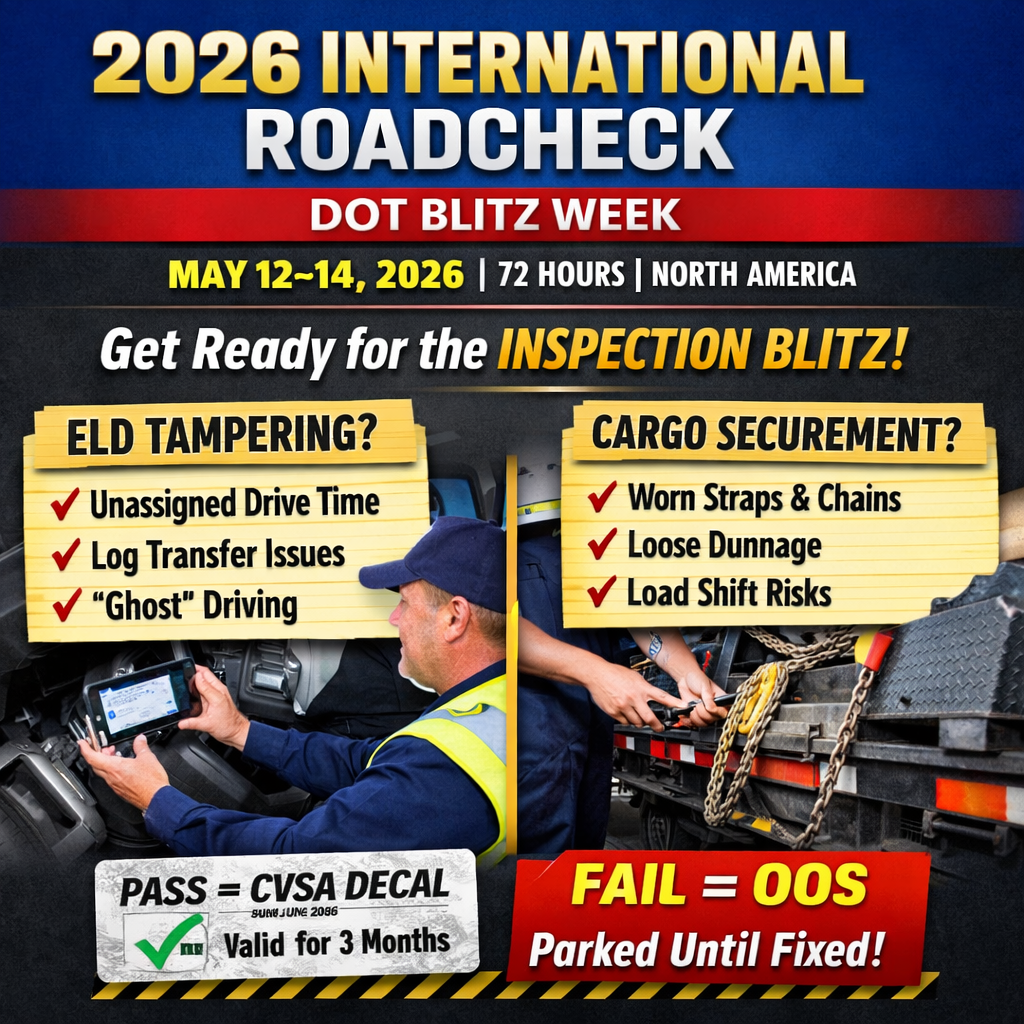 2026 International Roadcheck DOT Blitz Week checklist showing ELD tampering focus and cargo securement inspection items