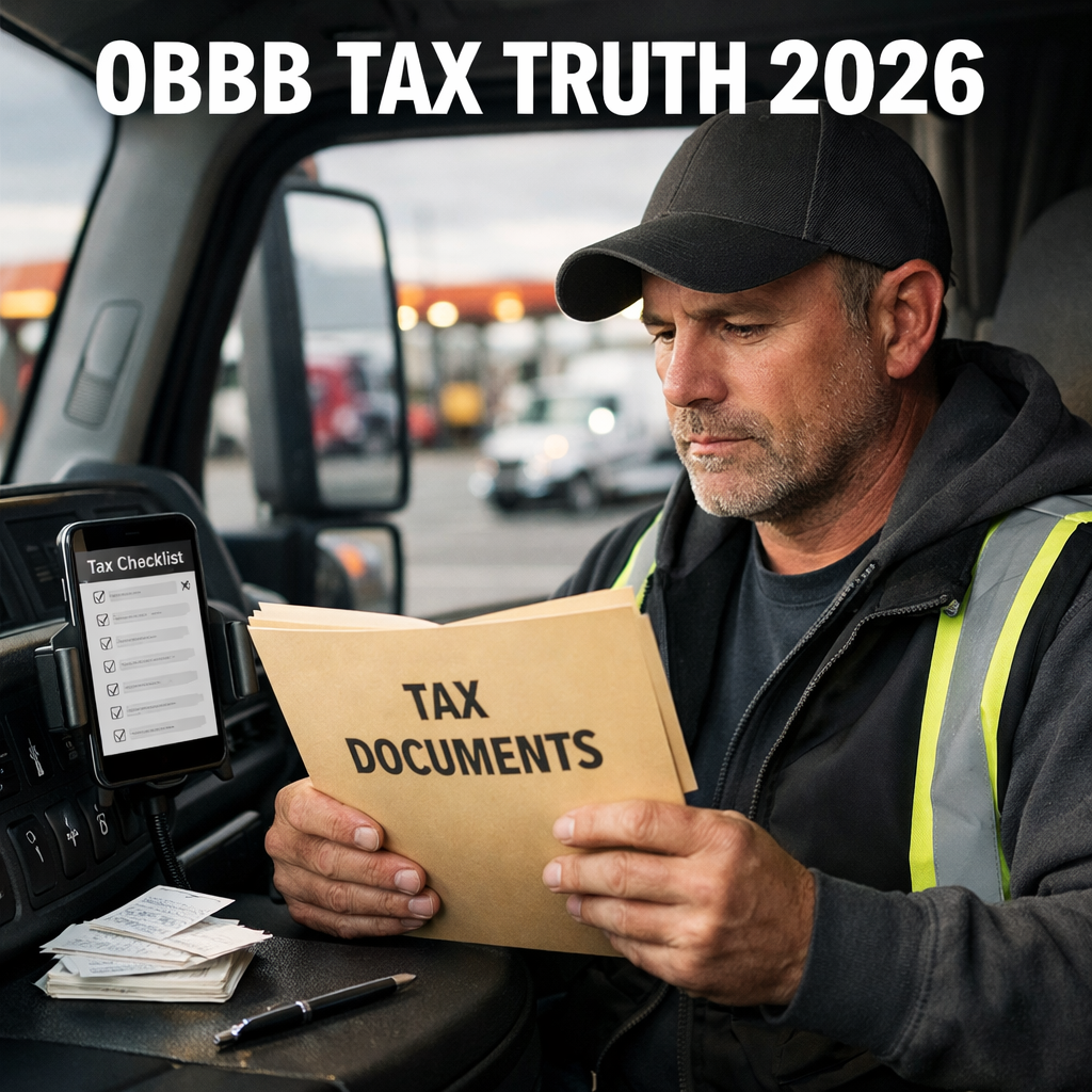 Truck driver reviewing tax documents inside a semi truck cab for 2026 OBBB tax planning