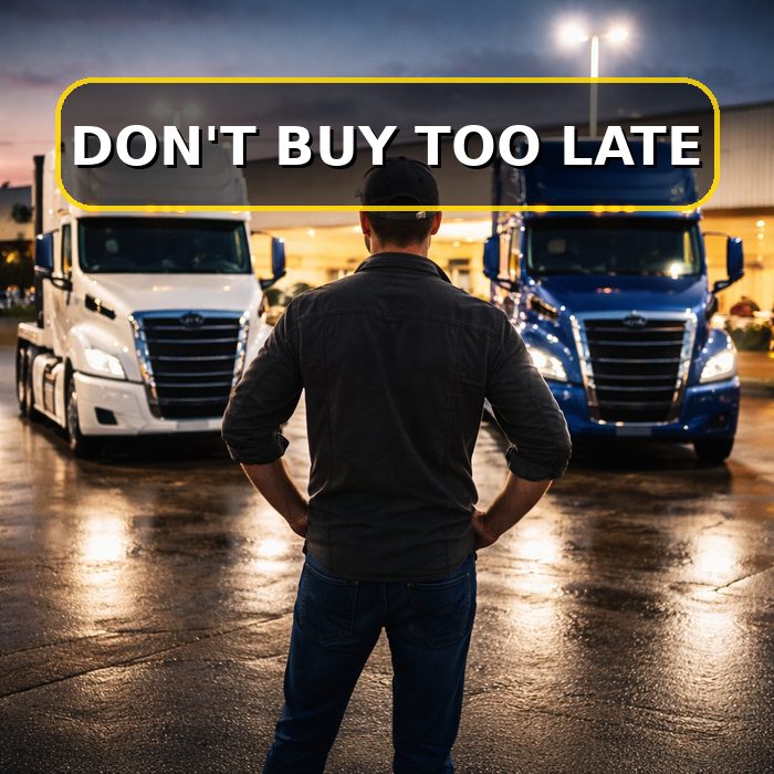 Truck driver at a semi-truck dealership lot at dusk with overlay text “Don’t Buy Too Late,” representing 2027 NOx pre-buy decisions.