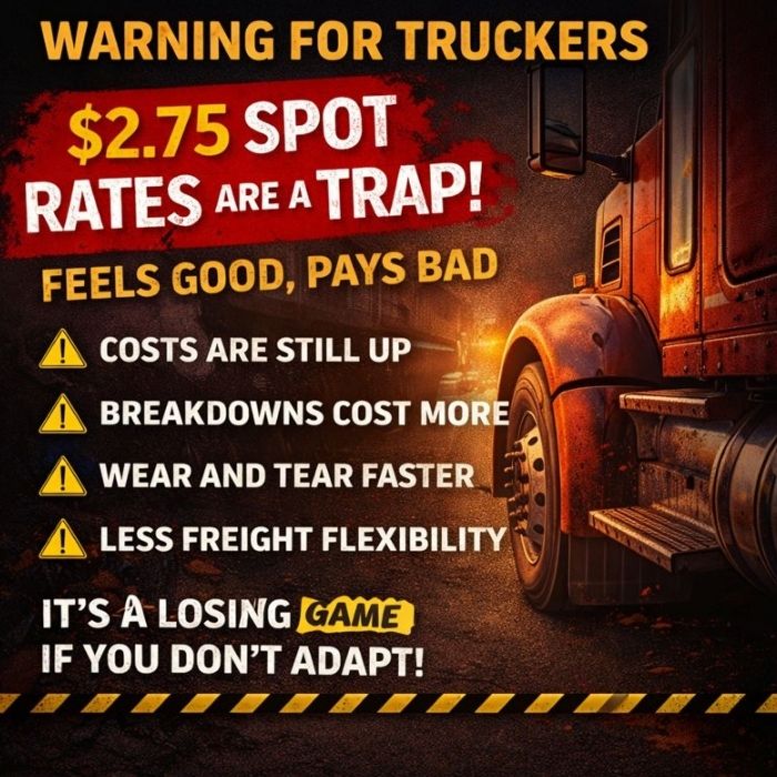 Warning graphic showing $2.75 spot rates as a trap for truckers due to rising costs and thin margins