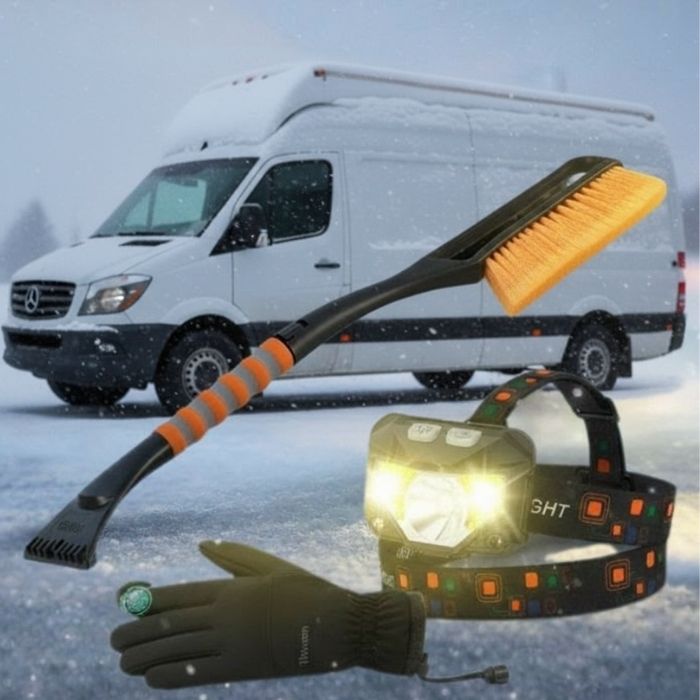 Winter safety gear including an ice scraper, headlamp, and thermal gloves in front of a snow-covered white delivery van.