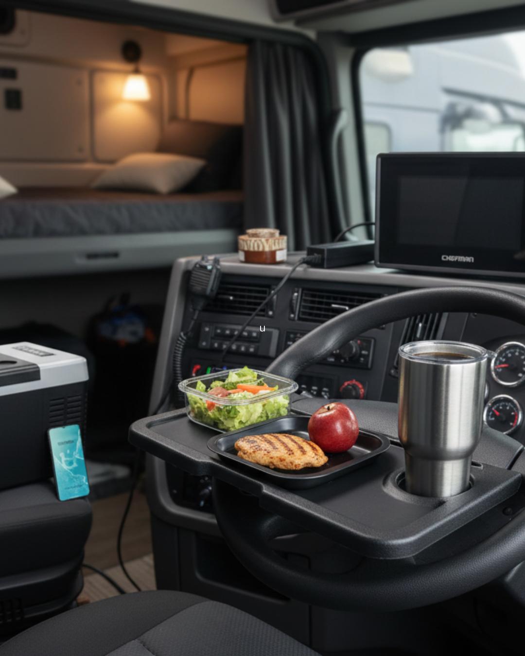 Steering wheel desk in a semi-truck holding a salad, grilled chicken, apple, and travel mug for healthier meals.