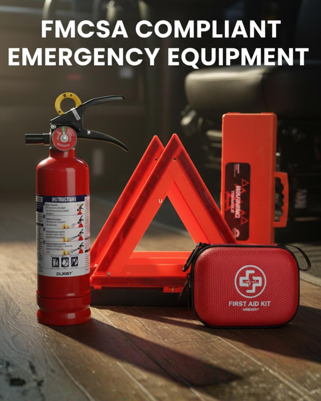 FMCSA-compliant emergency equipment including reflective warning triangles, a fire extinguisher, and a truck first aid kit.