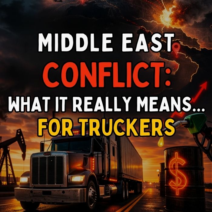 Semi truck on highway with fuel price increase graphic representing Middle East conflict impact on trucking