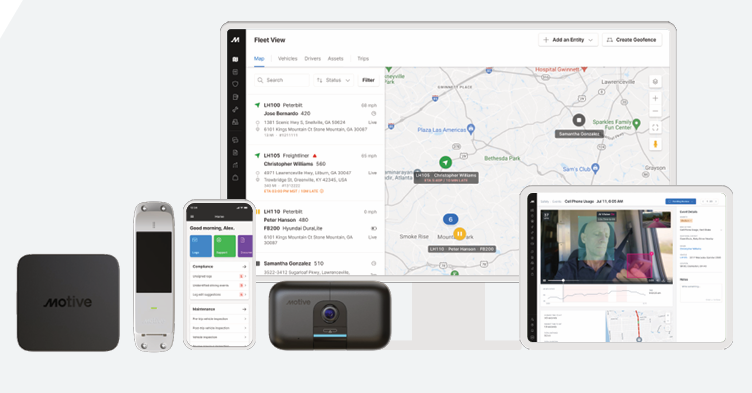 Motive platform overview showing ELD compliance, AI dashcam, driver app, fleet dashboard, and connected trucking management tools.