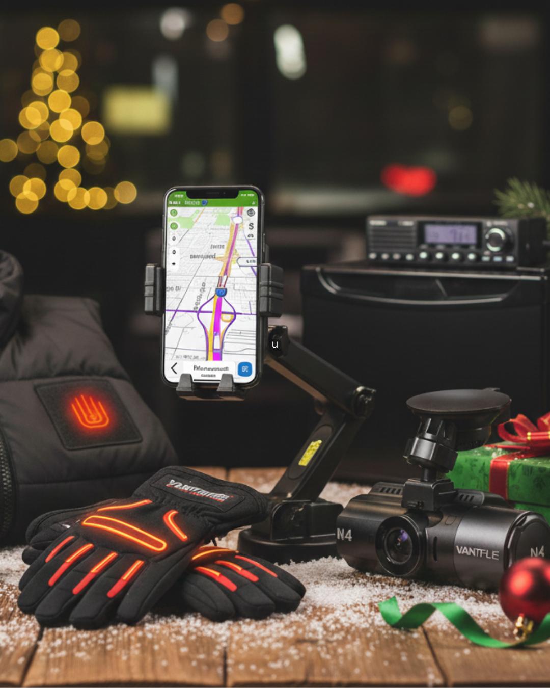 Truck driver tech setup featuring a GPS phone mount, dual-dash camera, and heated winter gloves on a holiday background.
