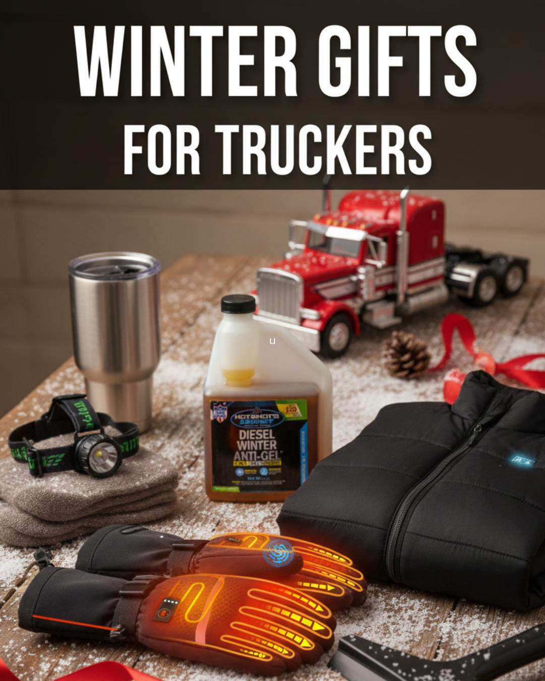 Winter trucking gift set with heated gloves, diesel anti-gel, insulated jacket, headlamp, travel mug, and holiday décor.