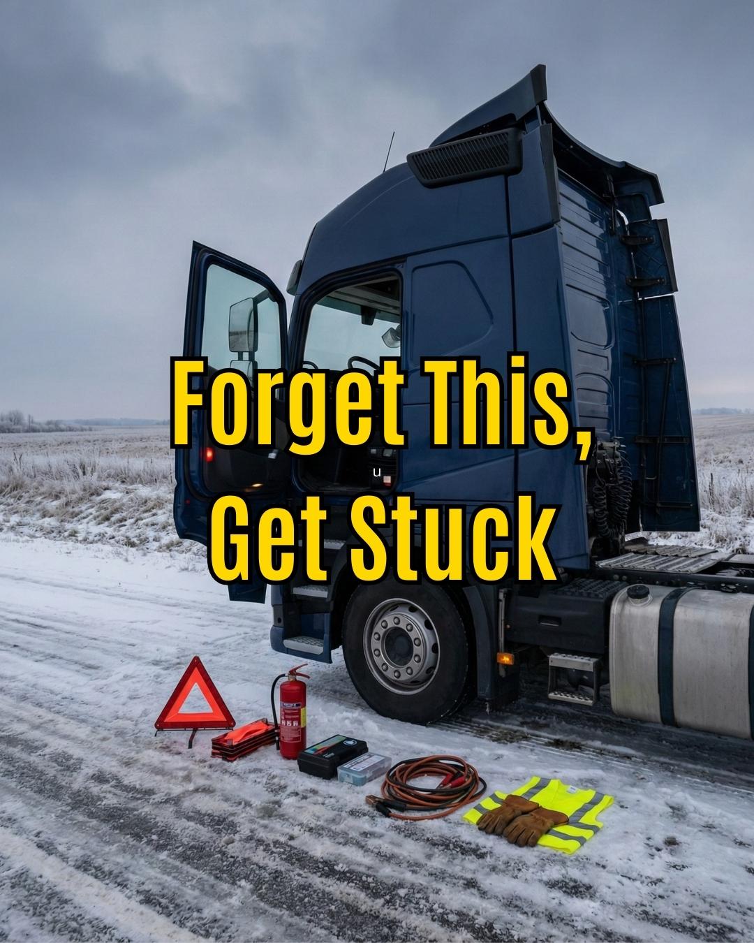 Semi truck parked on a snowy roadside with safety triangles, fire extinguisher, jumper cables, and winter emergency gear laid out on the ice