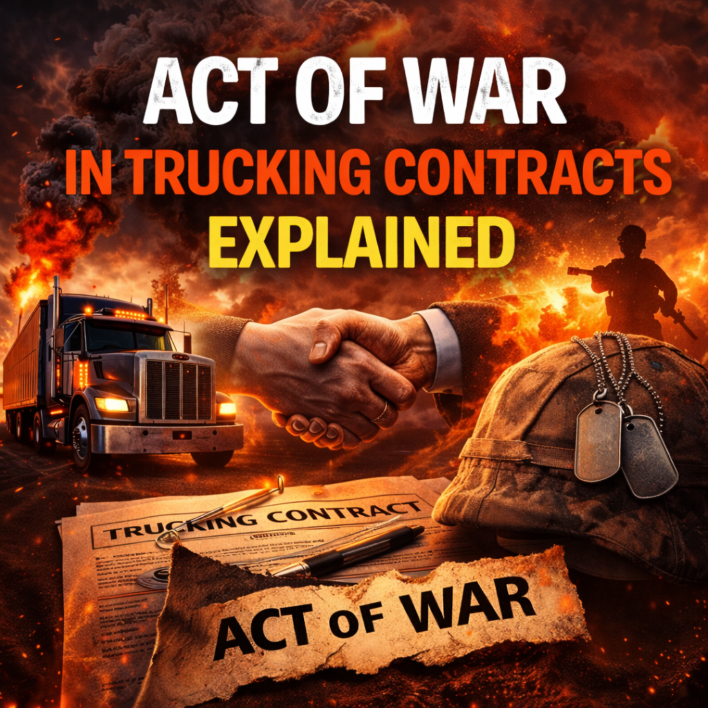 Semi truck and contract paperwork illustrating act of war clause concerns in trucking agreements