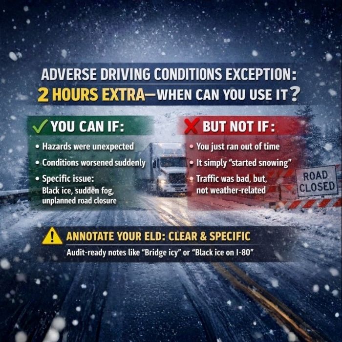 Adverse driving conditions exception explaining when truckers can legally use the 2-hour extension