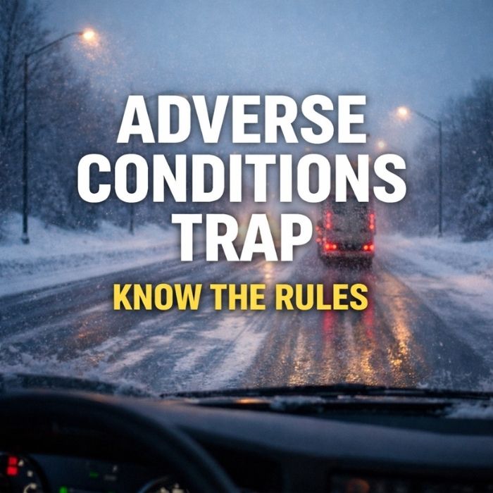 Adverse driving conditions trap showing a truck driving on an icy winter highway during unsafe road conditions