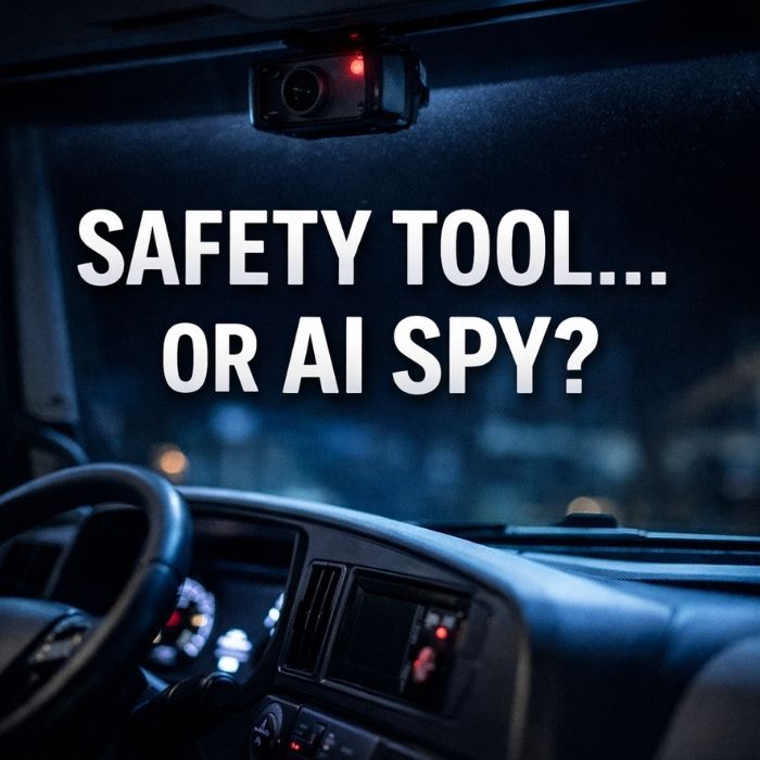 Driver-facing AI camera mounted inside a semi truck cab raising privacy concerns for truck drivers