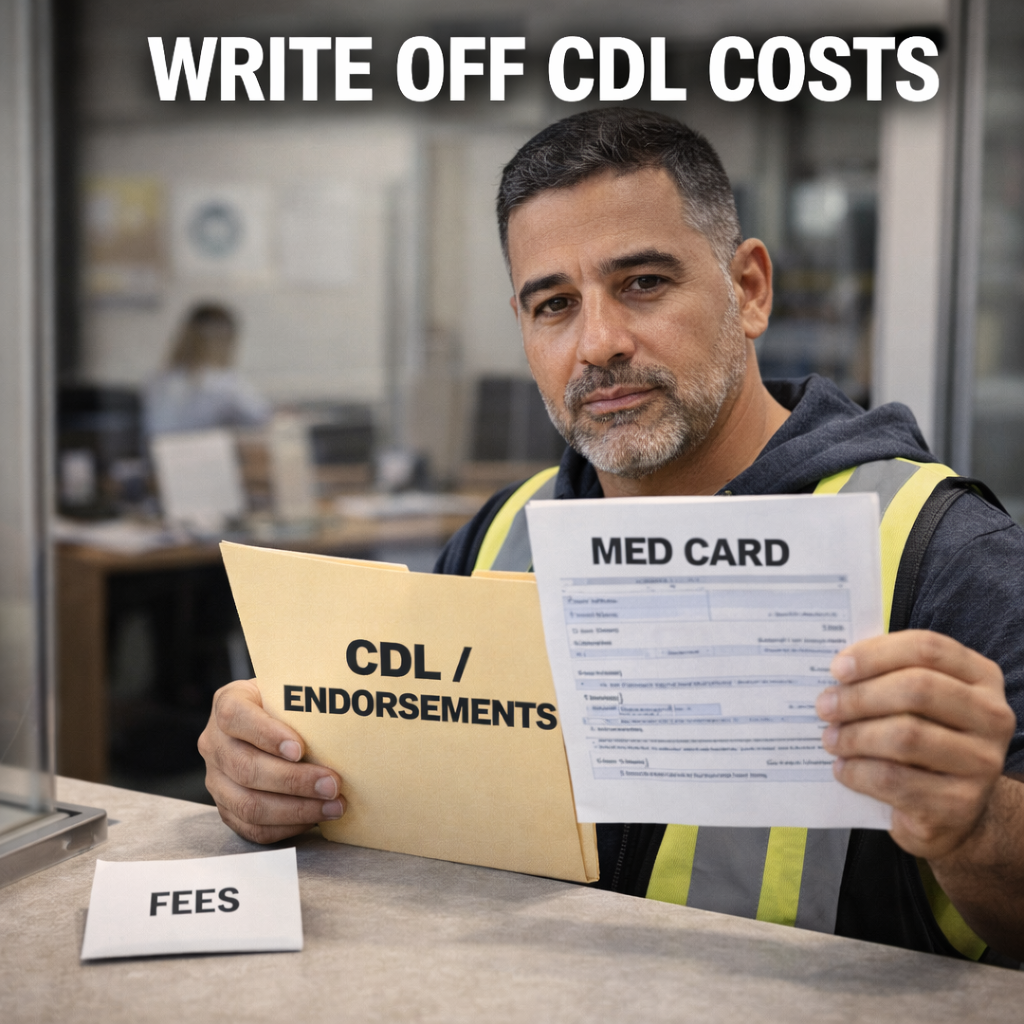 Truck driver holding CDL renewal documents and DOT medical card at a licensing office