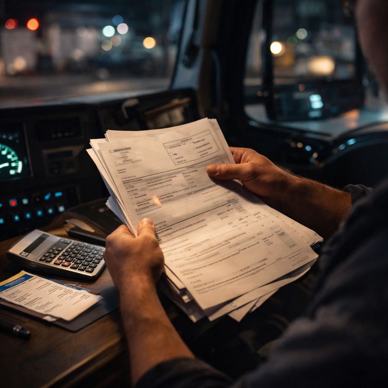 Truck driver in a modern semi cab reviewing blurred rate confirmation paperwork with a calculator, representing broker rate transparency under 49 CFR 371.3.