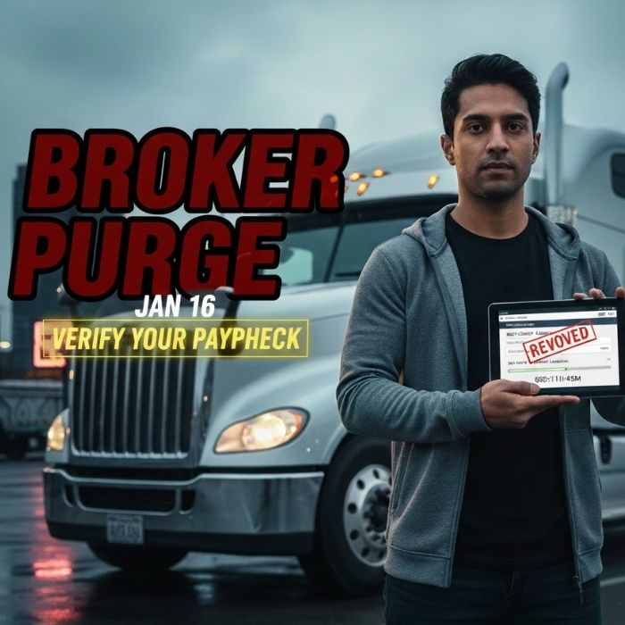 Truck driver holding a tablet showing a revoked broker authority status during the Jan 16 FMCSA purge.