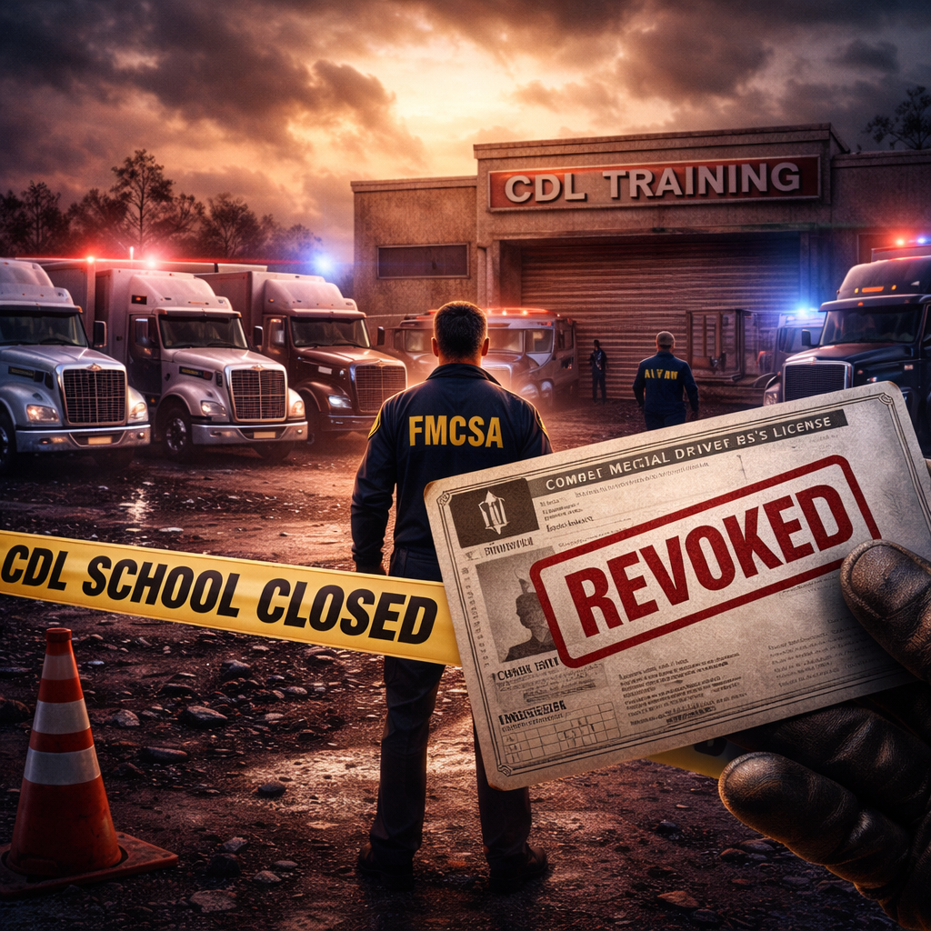 Dramatic scene of CDL training school closed during 2026 FMCSA enforcement crackdown
