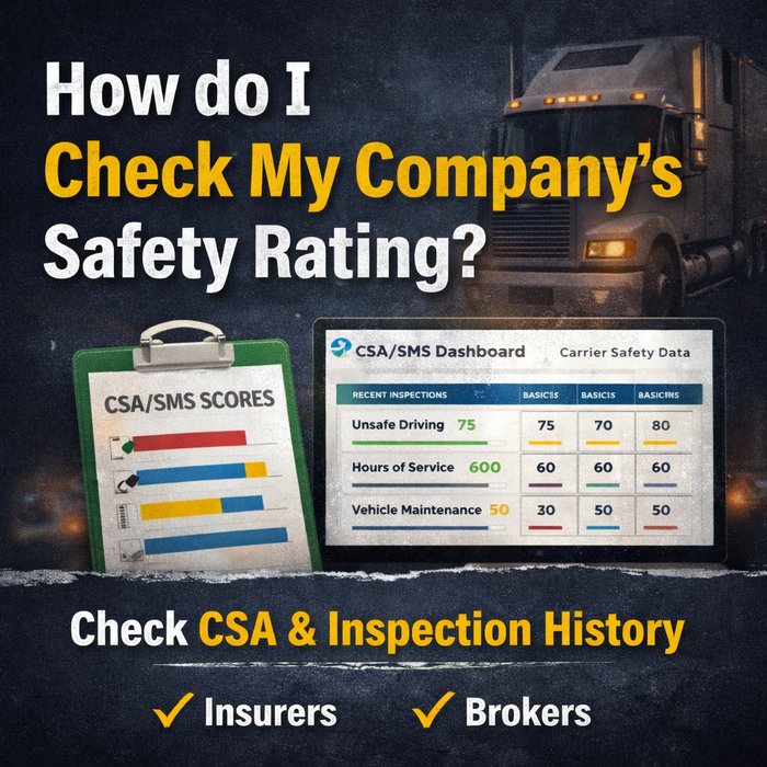 Square graphic about checking a company’s safety rating, showing a truck, CSA/SMS dashboard, and inspection history visuals.
