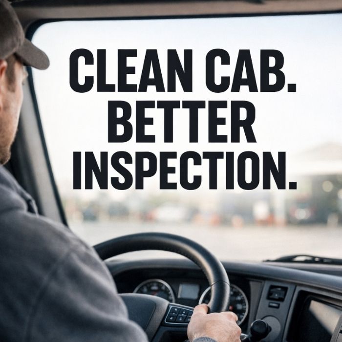 Clean truck cab dashboard during roadside inspection with bold text Clean Cab Better Inspection