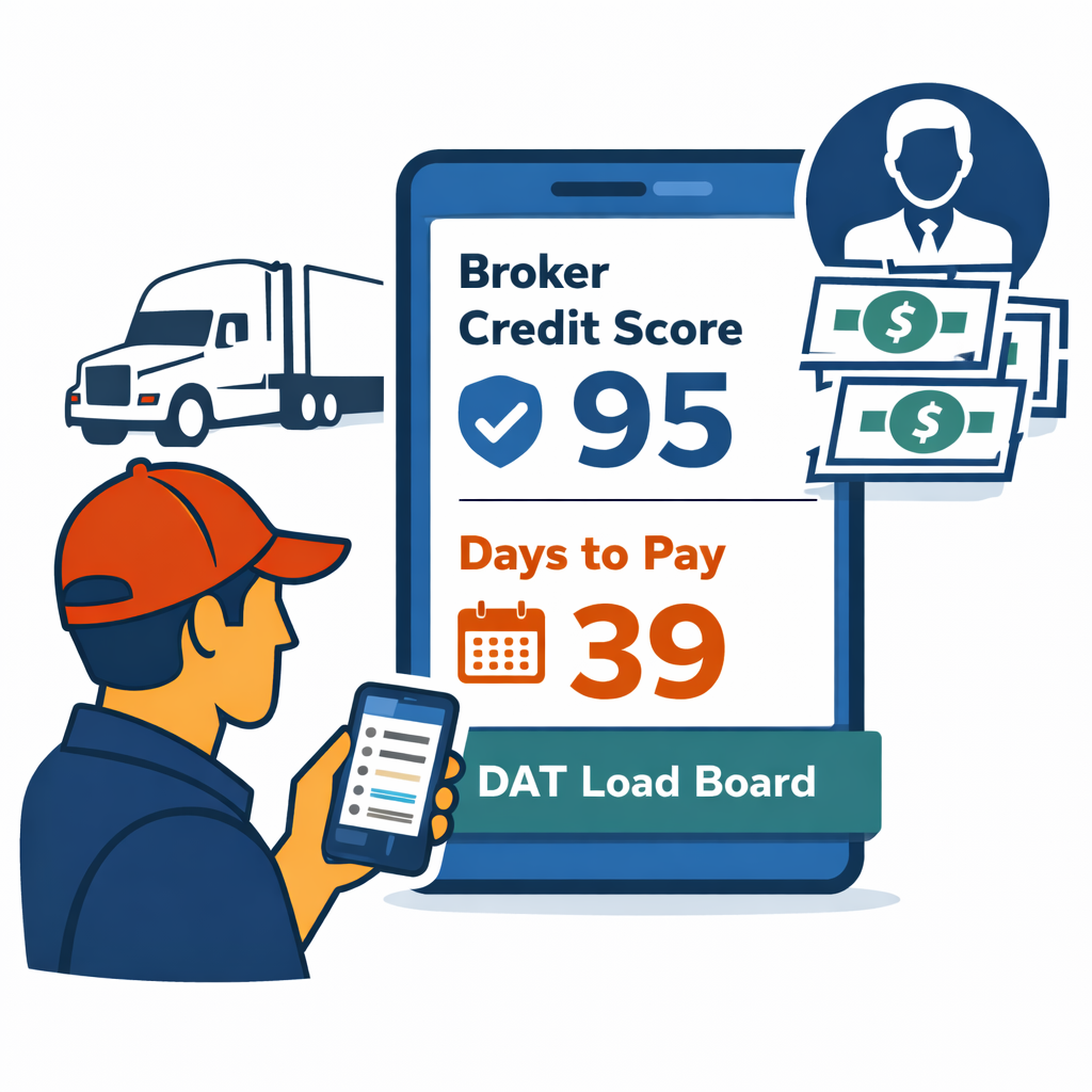 Trucker checking broker credit score and days to pay on the DAT load board app
