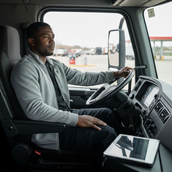 Owner-operator truck driver sitting in cab evaluating whether DAT load board is worth using