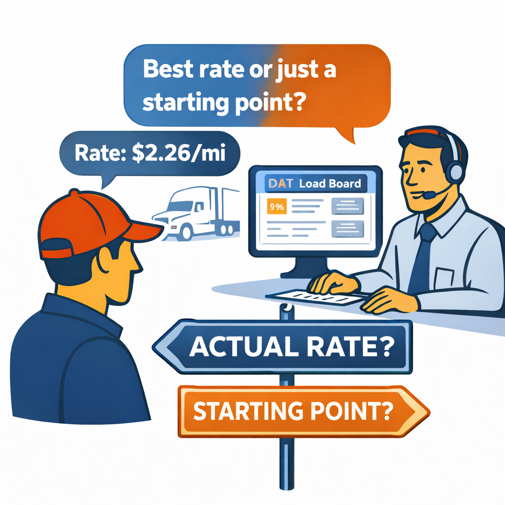 Trucker negotiating a load rate and questioning if DAT posted rates are real or a starting point